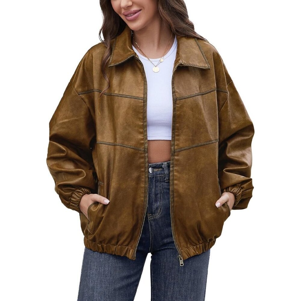 Women's Light Brown Oversized Y2K Faux Leather Jackets Plus Motorcycle Coats